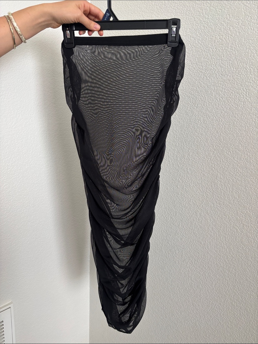 Black Ruched Mesh Midi Skirt